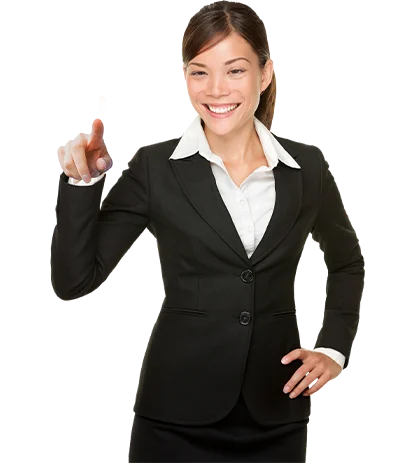 woman pointing towards camera
